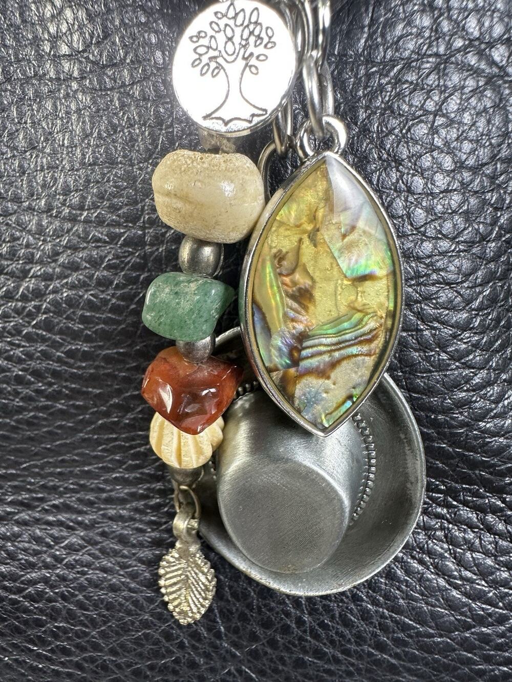 Bag charm keychain western hat pewter silver abalone jade AV East West Custom
